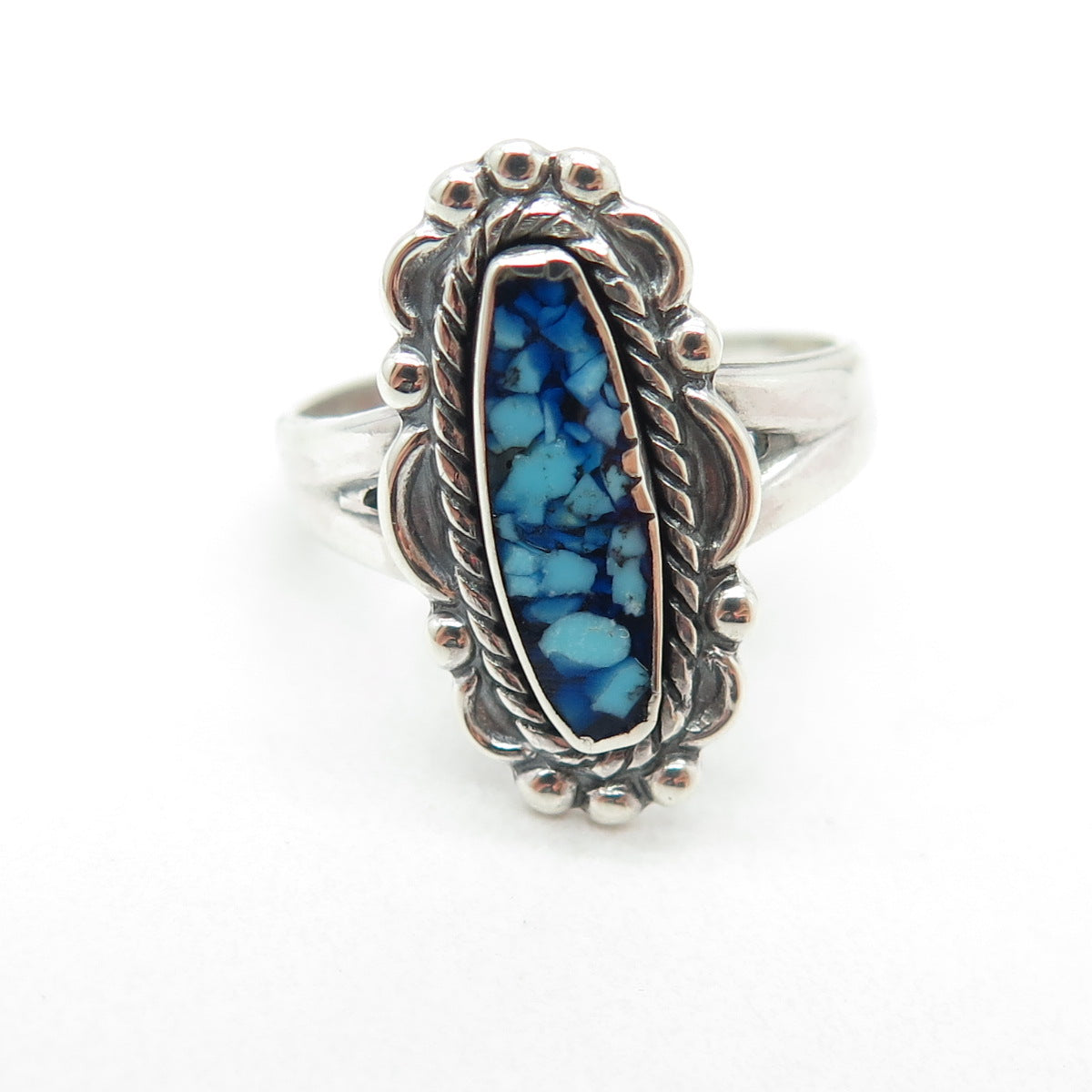 BELL TRADING POST 925 Sterling Silver Vintage Turquoise Gem Inlay Ring Size 7.25