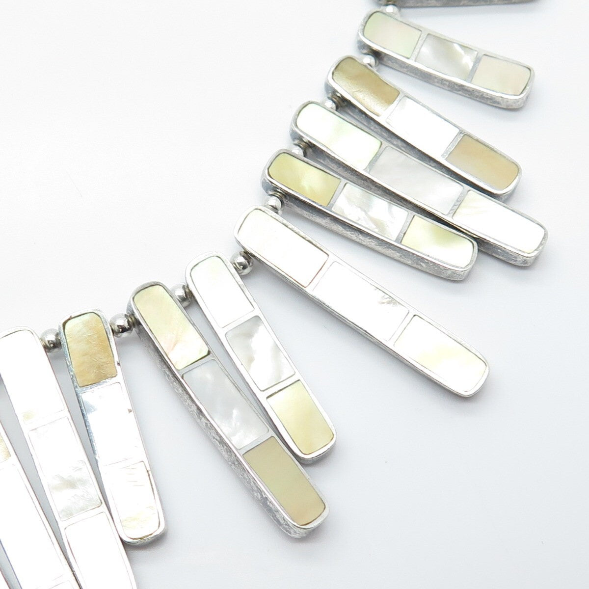 Sterling Silver Vintage ACLEONI Real Mother-of-Pearl Bar Chain Necklace 15"