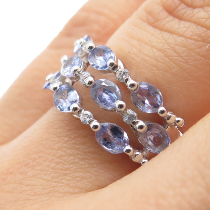 925 Sterling Silver Real Oval-Cut Tanzanite & C Z Multi-Row Ring Size 6.25