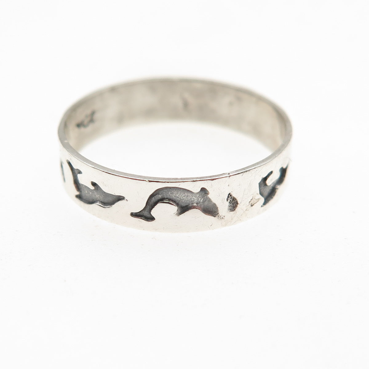 925 Sterling Silver Vintage Dolphin All Around Oxidized Band Ring Size 5.5