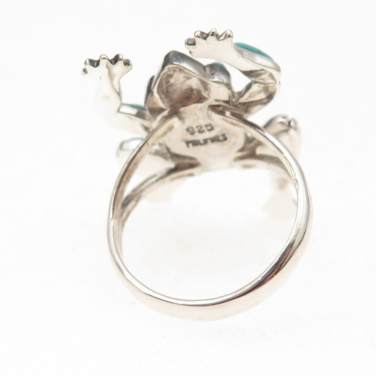 925 Sterling Silver Vintage Real Turquoise Frog Good Luck Ring Size 8.75