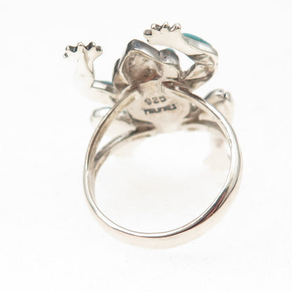 925 Sterling Silver Vintage Real Turquoise Frog Good Luck Ring Size 8.75