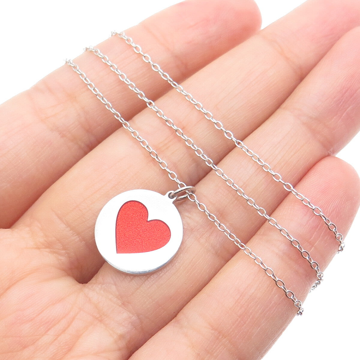 TOKEMOTI 925 Sterling Silver Red Enamel Heart Cable Chain Necklace 18"