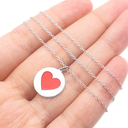 TOKEMOTI 925 Sterling Silver Red Enamel Heart Cable Chain Necklace 18"