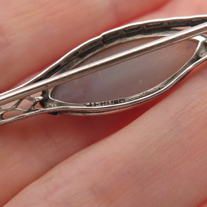 925 Sterling Silver Antique Art Deco Real Agate Oxidized Pin Brooch