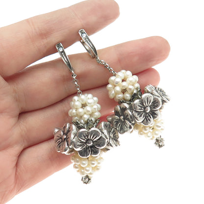 925 Sterling Silver Vintage Real Pearl & C Z Flower Blossom Dangling Earrings