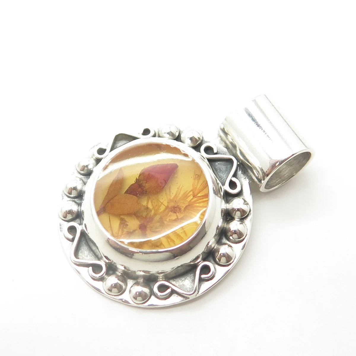 925 Sterling Silver Vintage Mexico Enamel Pressed Flower Round Pendant