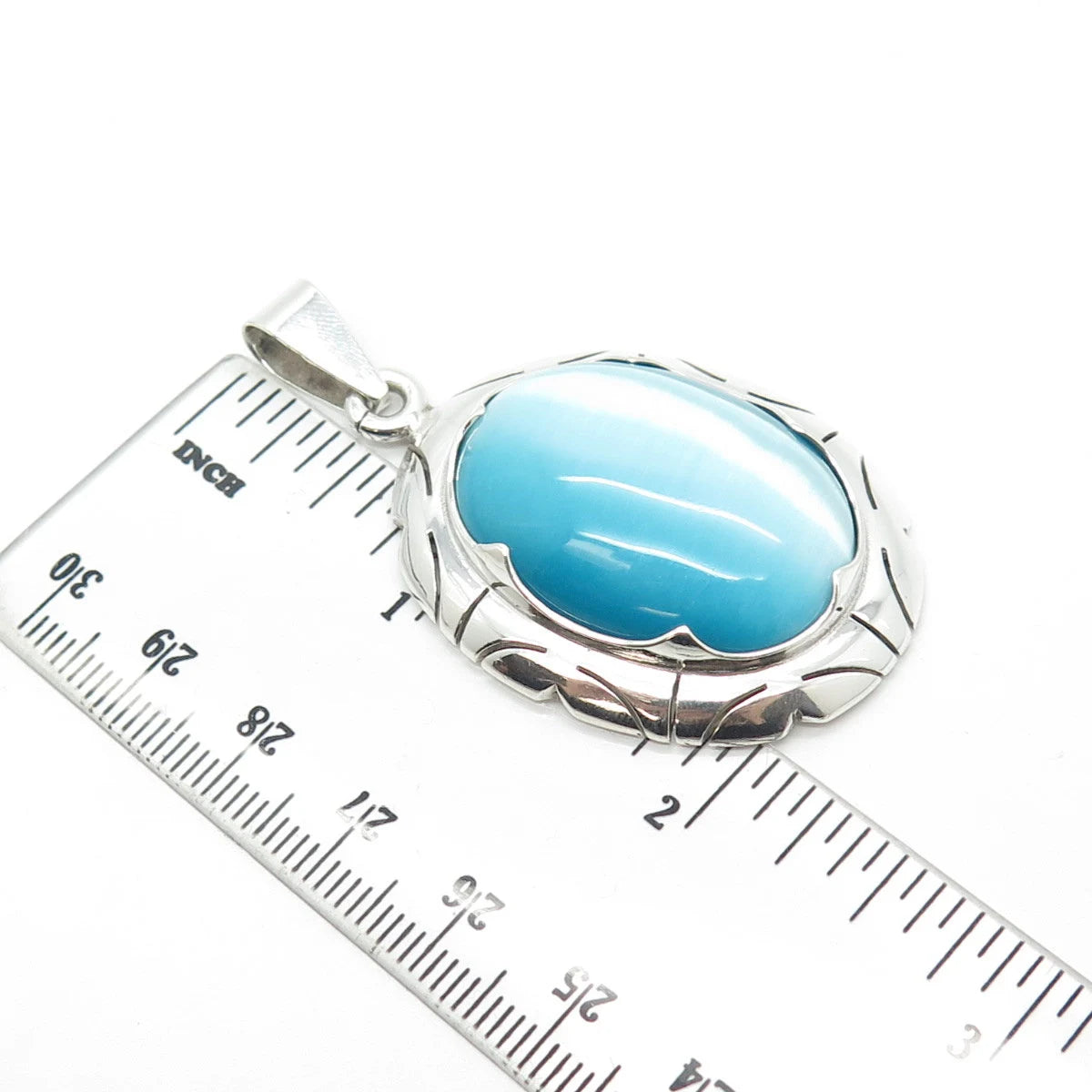 950 Silver Vintage Mexico Real Blue Fiber Optic Cat's Eye Gem Pendant
