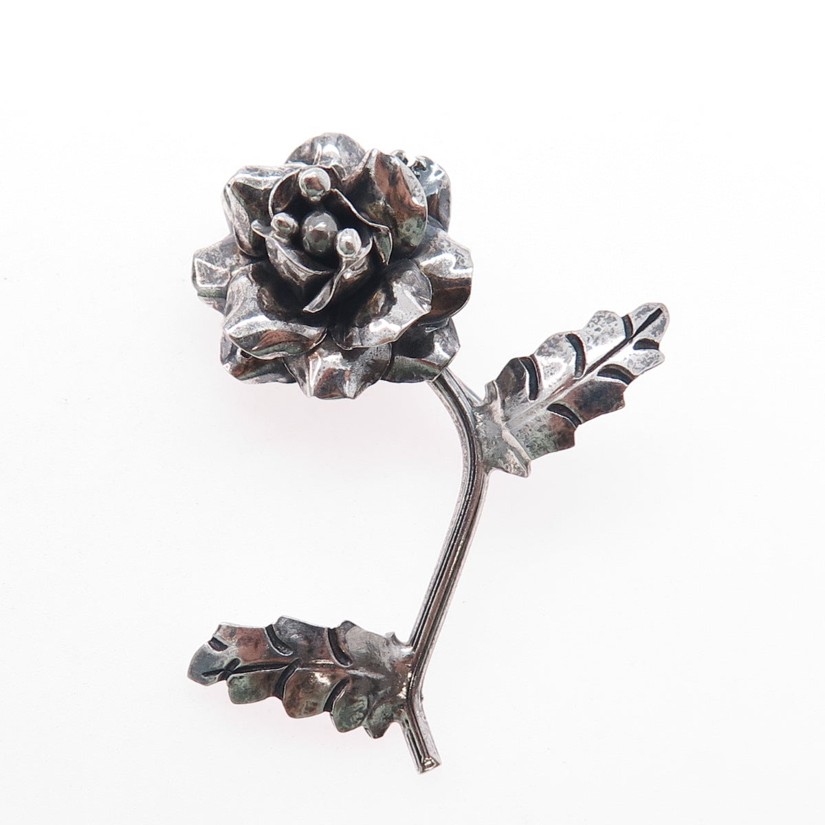925 Sterling Silver Vintage Mexico Rose Flower Oxidized Pin Brooch