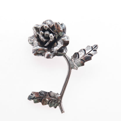 925 Sterling Silver Vintage Mexico Rose Flower Oxidized Pin Brooch