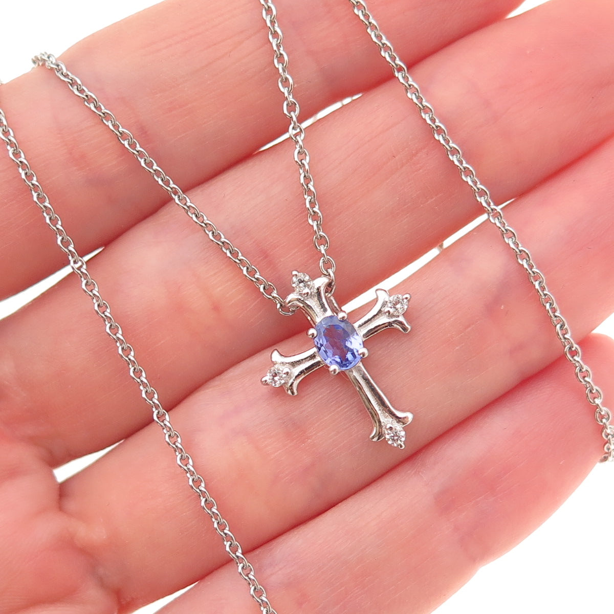 Chuck Clemency 925 Sterling Silver Real Tanzanite White Topaz Cross Necklace 20"