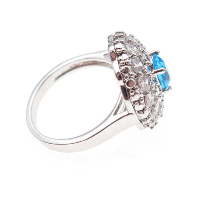925 Sterling Silver Oval-Cut Blue & Round-Cut White C Z Ring Size 7
