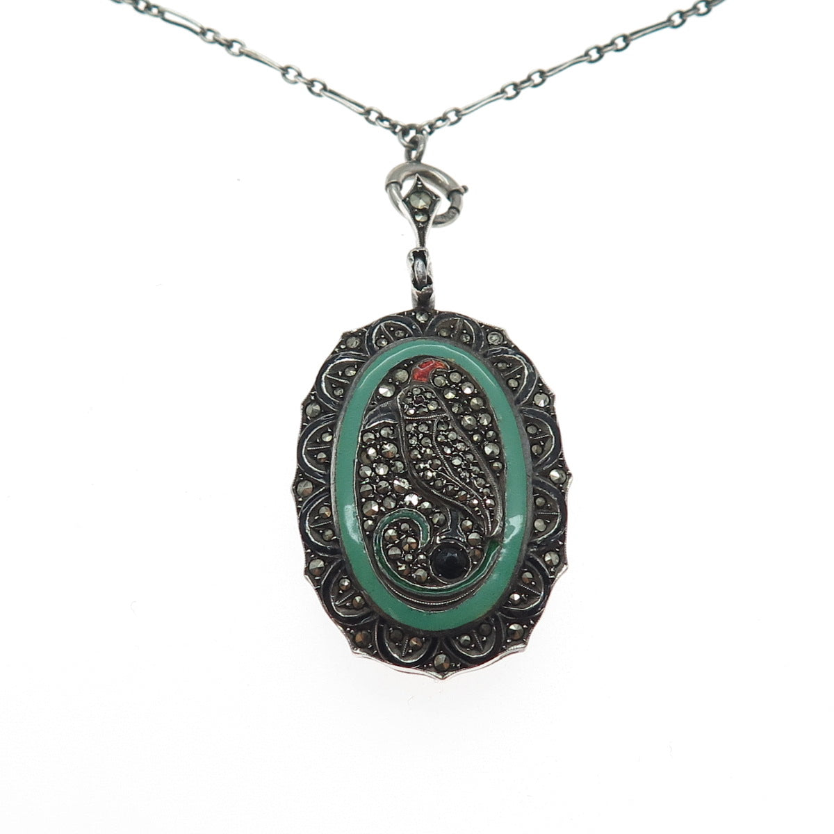 Hallwatch Sterling Antique Enamel Marcasite Swiss 15 Jewels Watch Necklace 24"