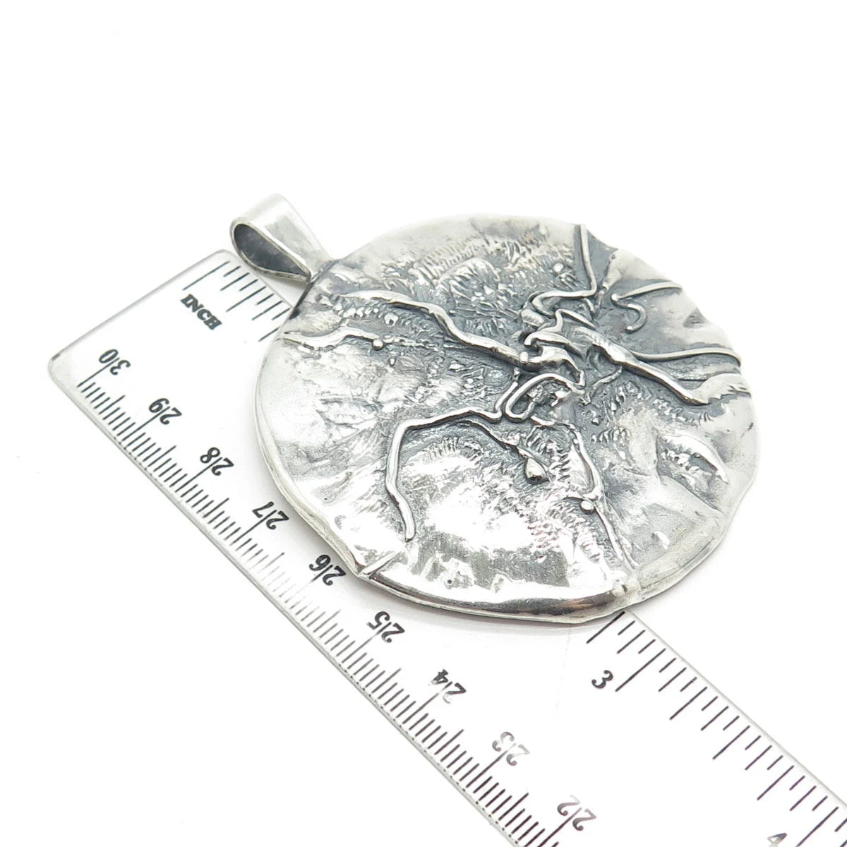 925 Sterling Silver Vintage Brutalist Modernist Large Round Pendant