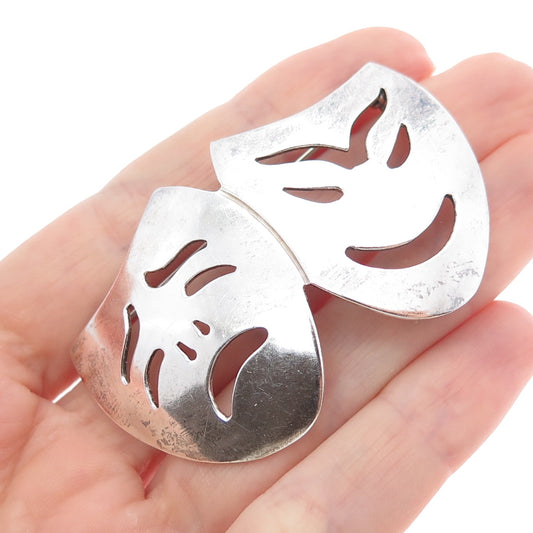 925 Sterling Silver Vintage Mexico Comedy & Tragedy Masks Oxidized Pin Brooch