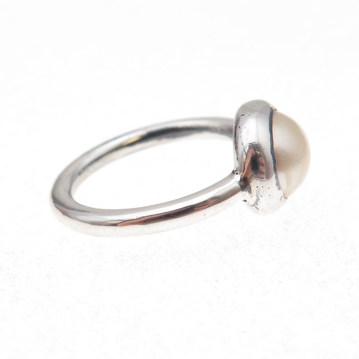 925 Sterling Silver Vintage Real Pearl Modernist Oxidized Ring Size 7.5