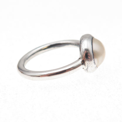 925 Sterling Silver Vintage Real Pearl Modernist Oxidized Ring Size 7.5