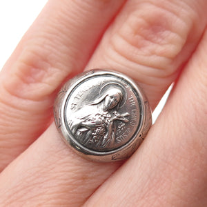 925 Sterling Silver Antique Art Deco St. Teresa Signet Ring Size 5.5 (cut shank)