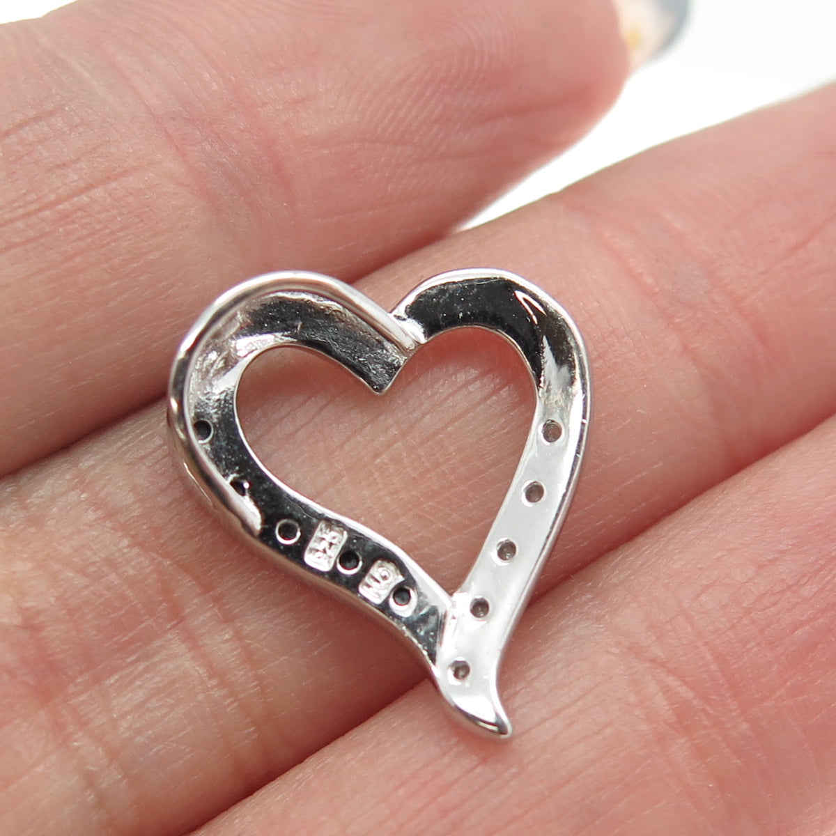 925 Sterling Silver Real Round-Cut Black & White Diamond Heart Slide Pendant