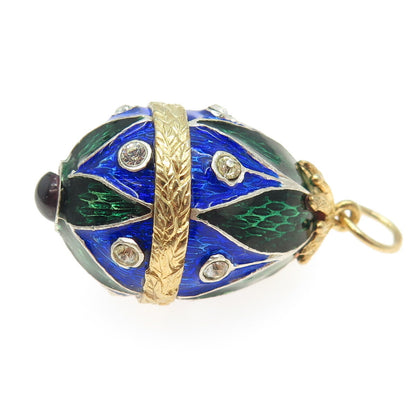 925 Sterling Silver Vintage Vermeil Enamel Cabochon Garnet & Rhinestone Pendant