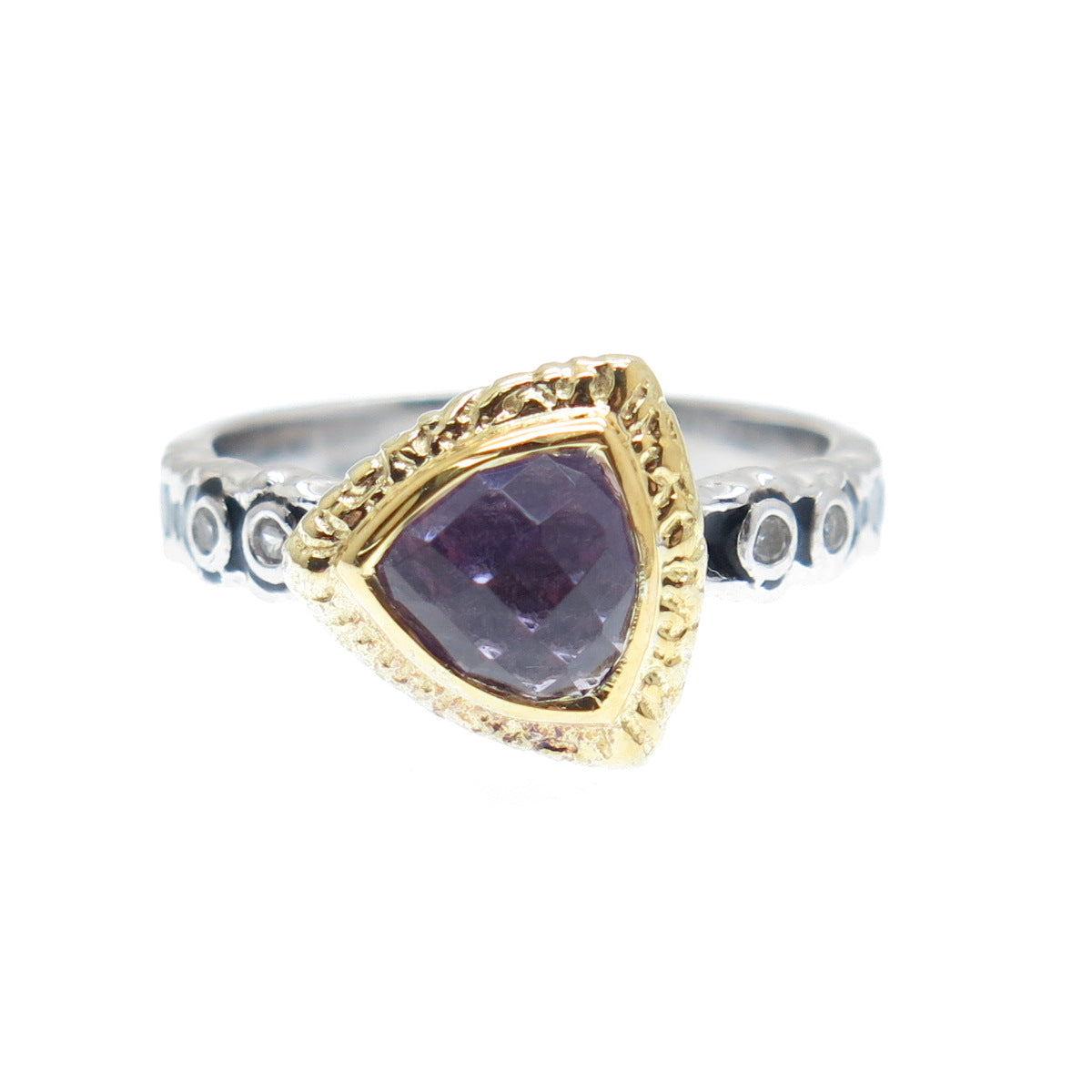 925 Sterling Silver 2-Tone Real Amethyst & White Topaz Triangle Ring Size 6.25
