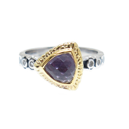 925 Sterling Silver 2-Tone Real Amethyst & White Topaz Triangle Ring Size 6.25