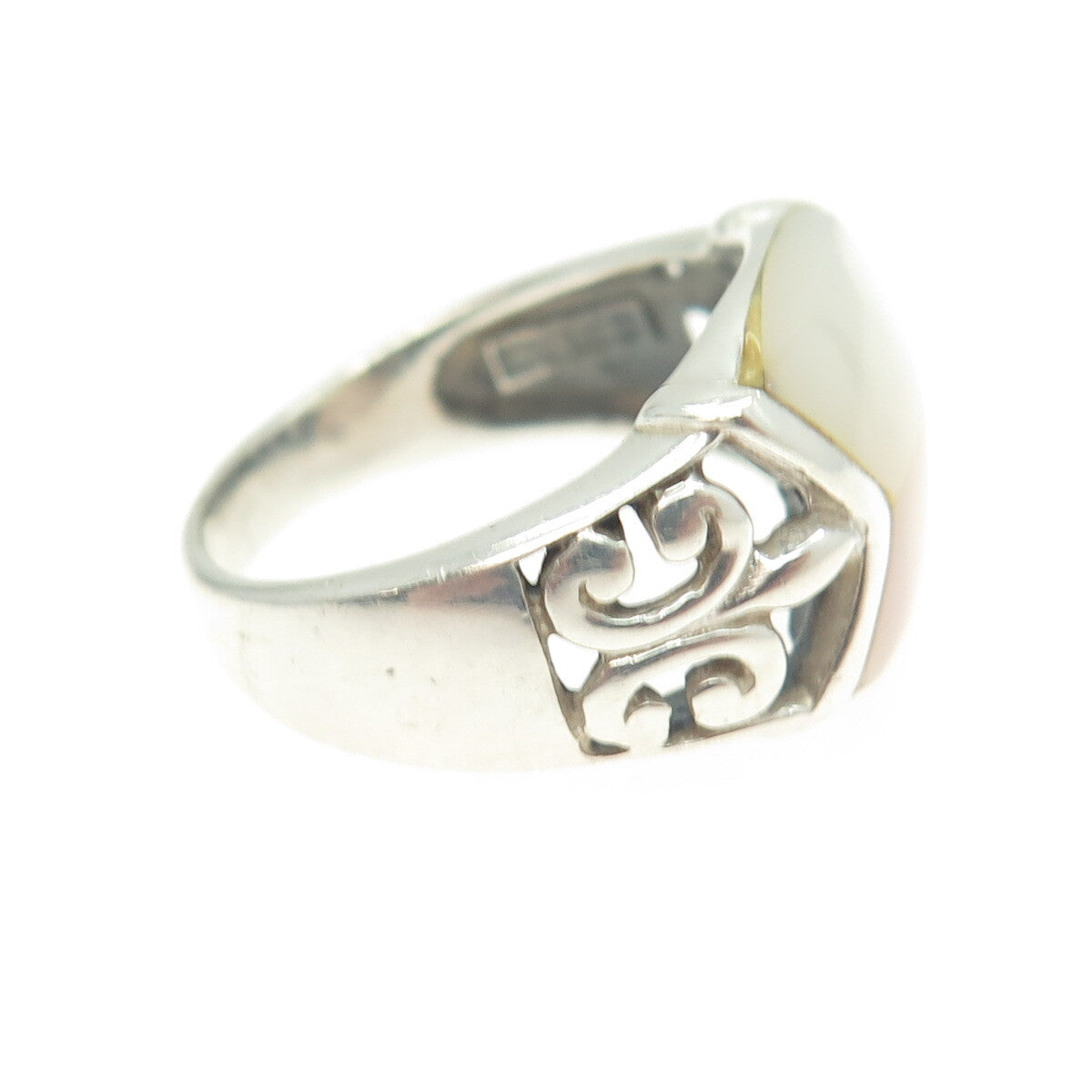 925 Sterling Silver Vintage Real Mother-of-Pearl Fleur-de-Lis Ring Size 7.25