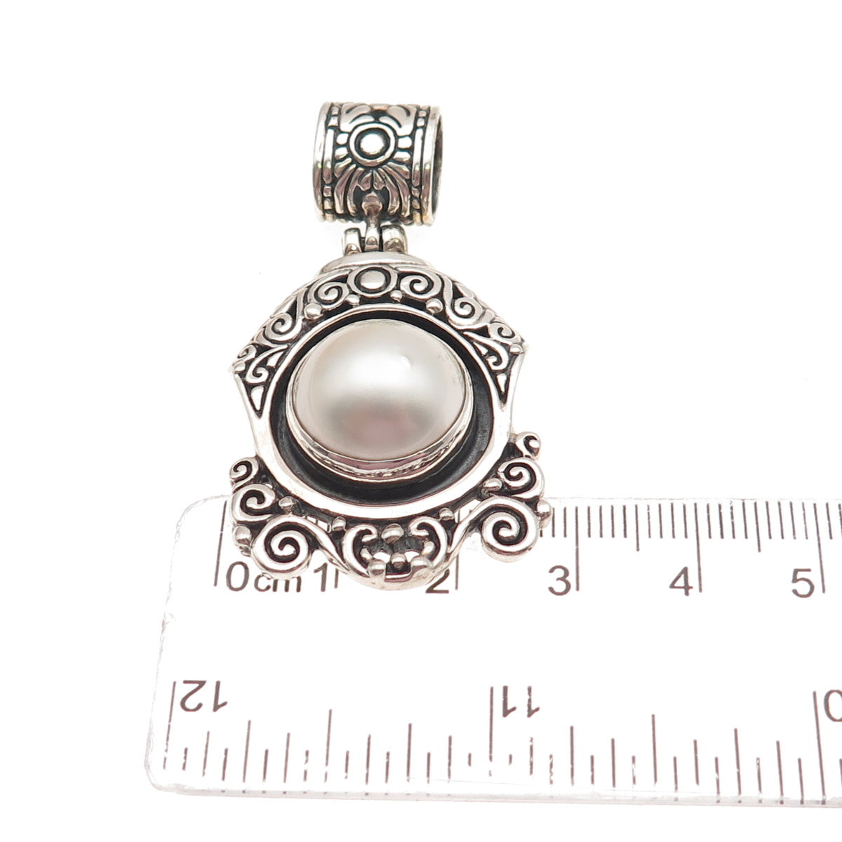 925 Sterling Silver Vintage Real Pearl Modernist Ornate Oxidized Pendant
