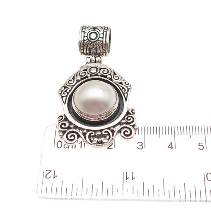 925 Sterling Silver Vintage Real Pearl Modernist Ornate Oxidized Pendant