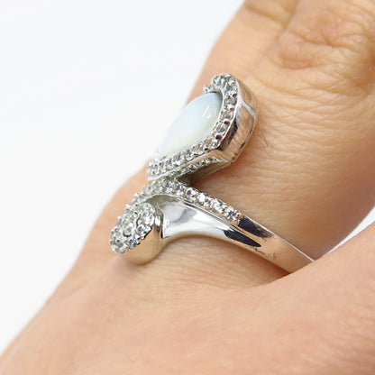 925 Sterling Silver Real Mother-of-Pearl & White Topaz Gem Ring Size 5.75
