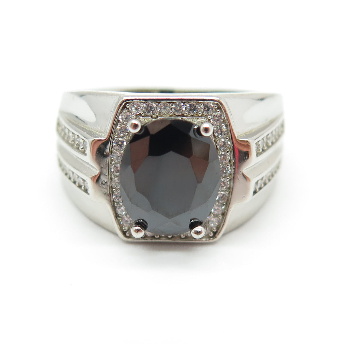 925 Sterling Silver Real Hematite & Round-Cut C Z Ring Size 8.25