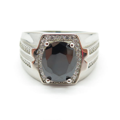 925 Sterling Silver Real Hematite & Round-Cut C Z Ring Size 8.25