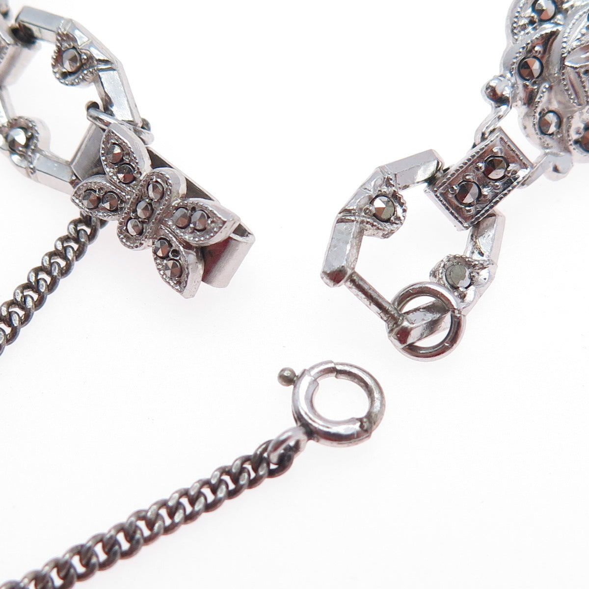 925 Sterling Silver Antique Real Marcasite Rose Bracelet 7" (missing 1 stone)