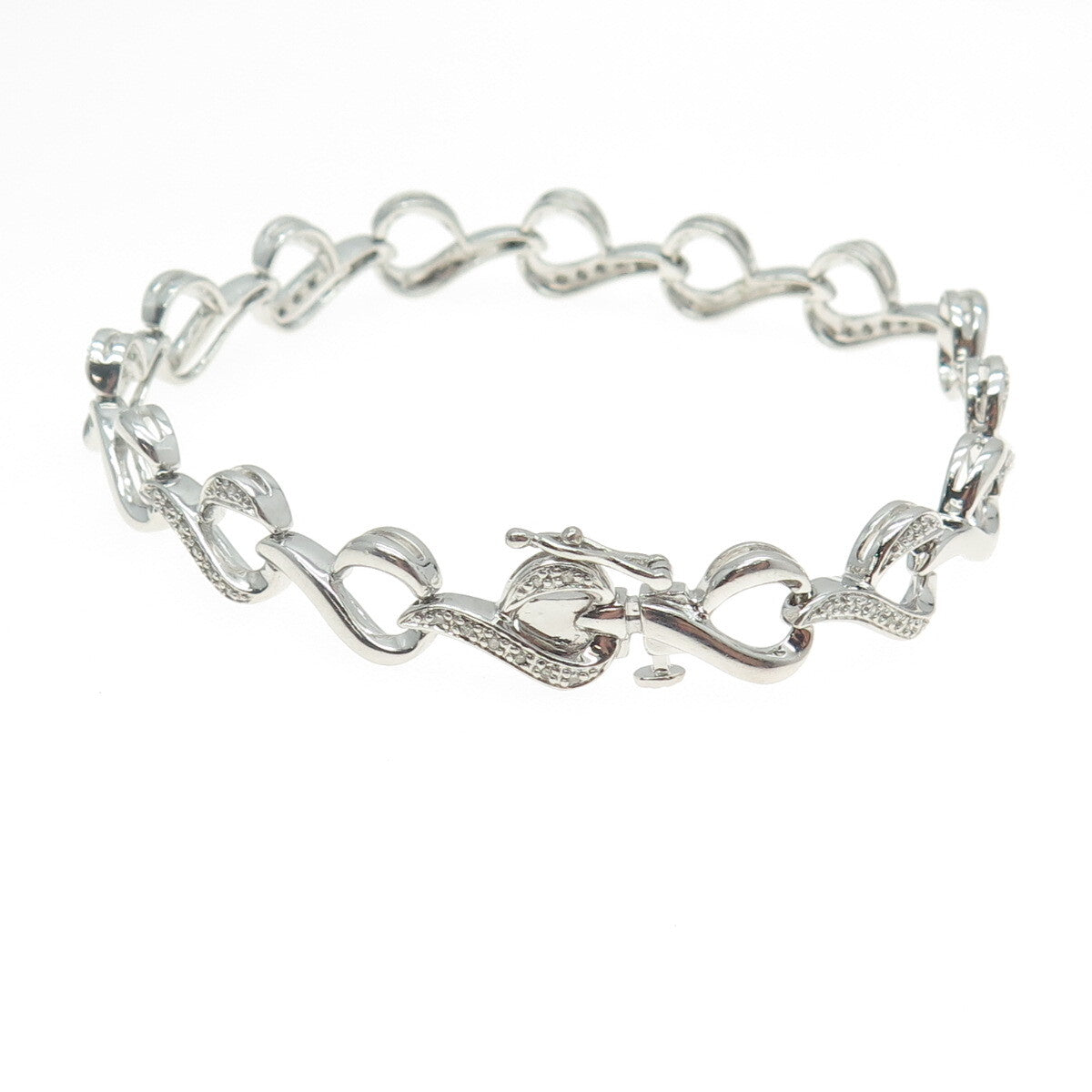SUN 925 Sterling Silver Real Round-Cut Diamond Heart Link Bracelet 7.25"