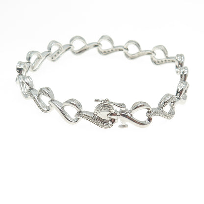 SUN 925 Sterling Silver Real Round-Cut Diamond Heart Link Bracelet 7.25"