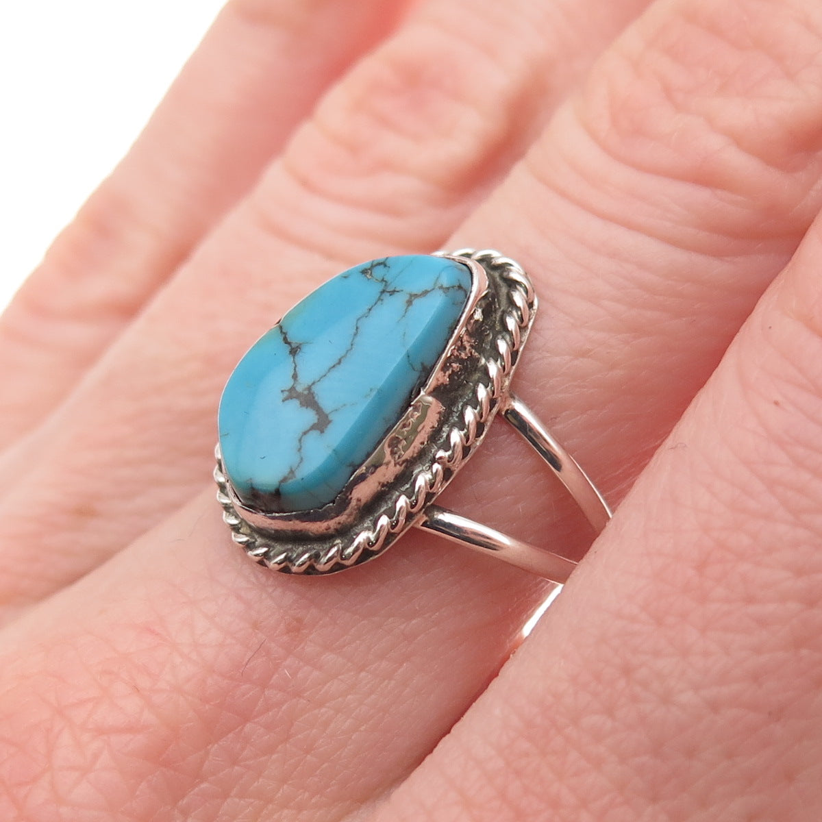 Old Pawn 925 Sterling Silver Vintage Southwestern Bisbee Turquoise Ring Size 7.5