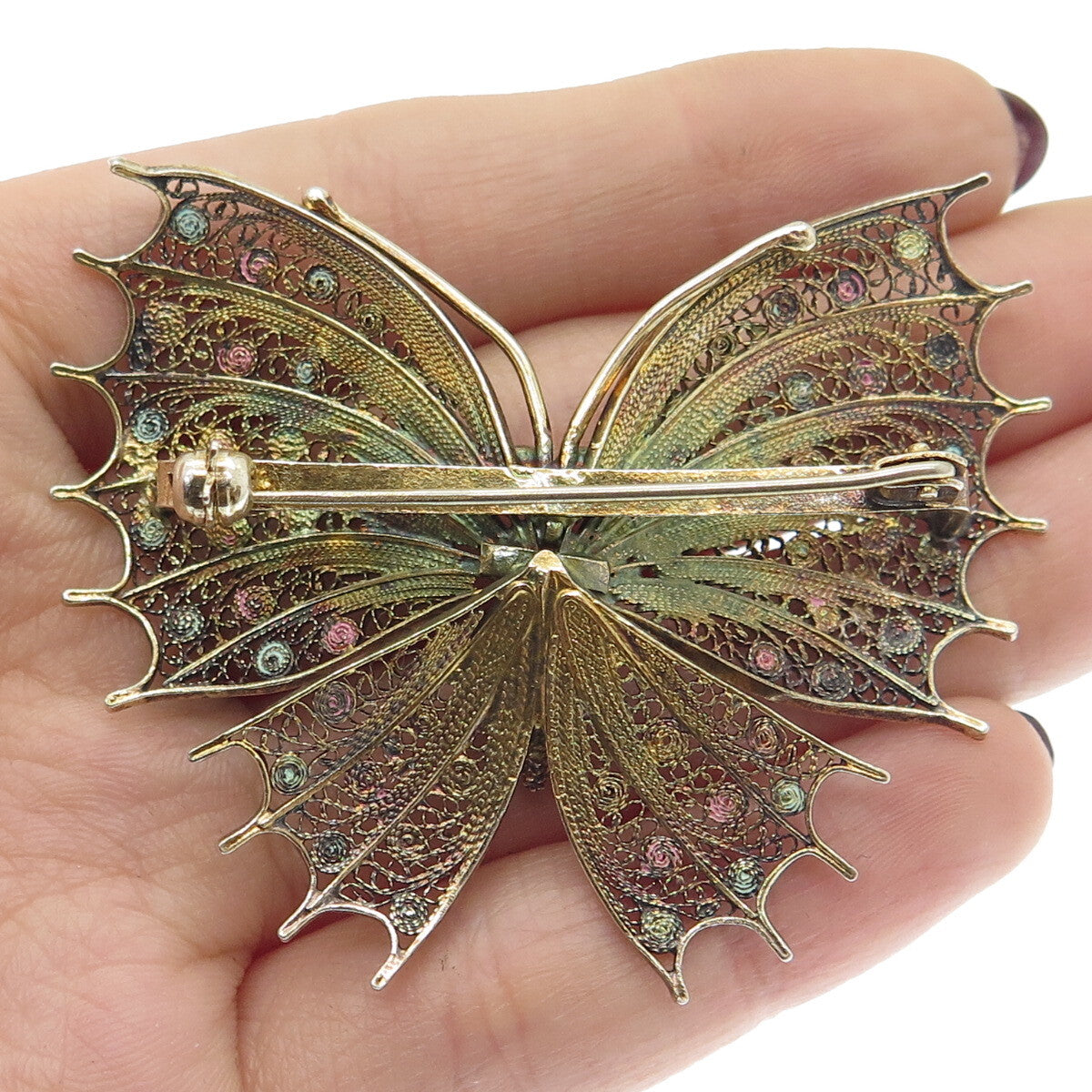 800 Silver Vintage Enamel Filigree Butterfly Pin Brooch
