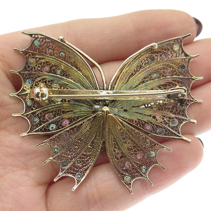 800 Silver Vintage Enamel Filigree Butterfly Pin Brooch