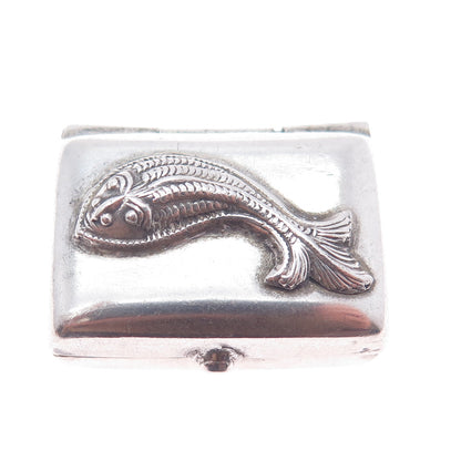 925 Sterling Silver Antique Art Deco Fish Oxidized Pill / Snuff Box