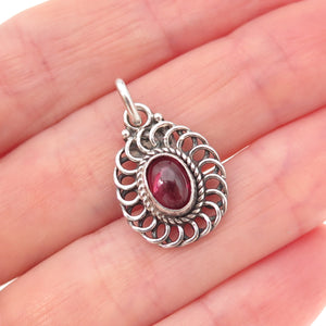 925 Sterling Silver Vintage Real Rhodolite Floral Oxidized Charm Pendant