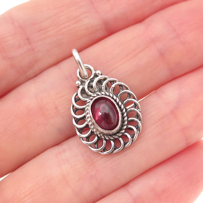 925 Sterling Silver Vintage Real Rhodolite Floral Oxidized Charm Pendant