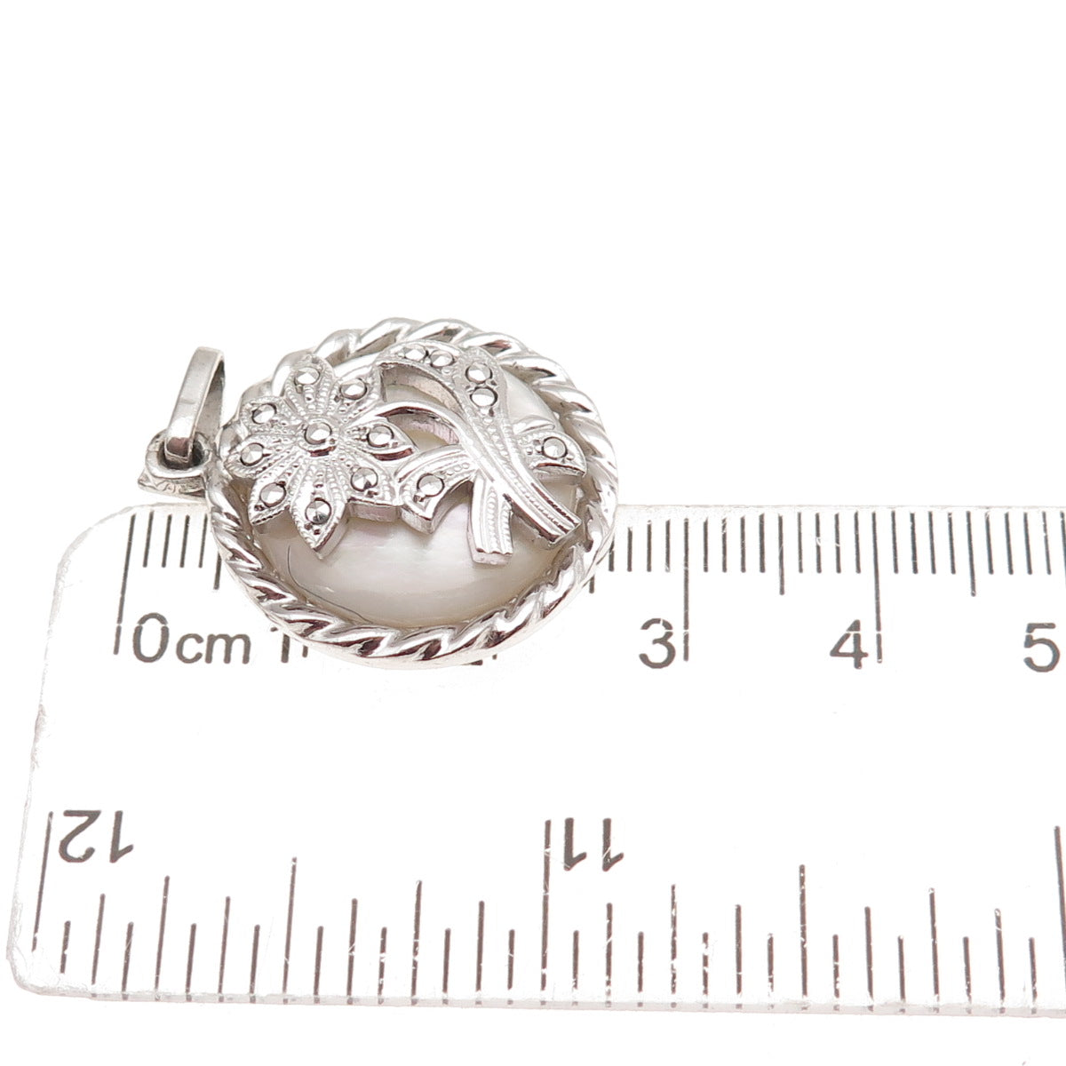 925 Sterling Silver Antique Art Deco Real MOP & Marcasite Floral Charm Pendant