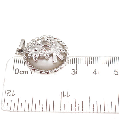 925 Sterling Silver Antique Art Deco Real MOP & Marcasite Floral Charm Pendant
