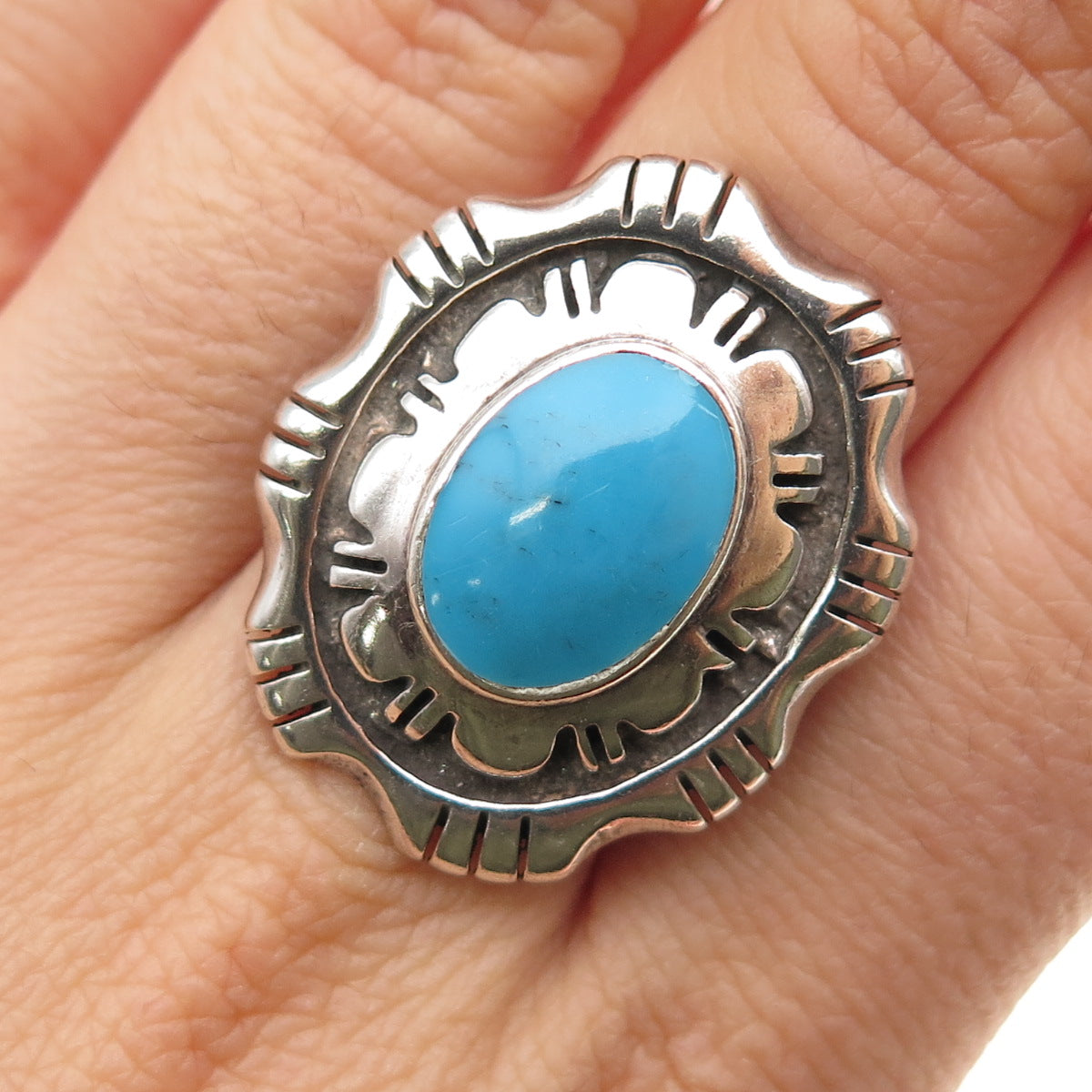 TED OTT Old Pawn 925 Sterling Silver Vintage Southwestern Turquoise Ring Size 9
