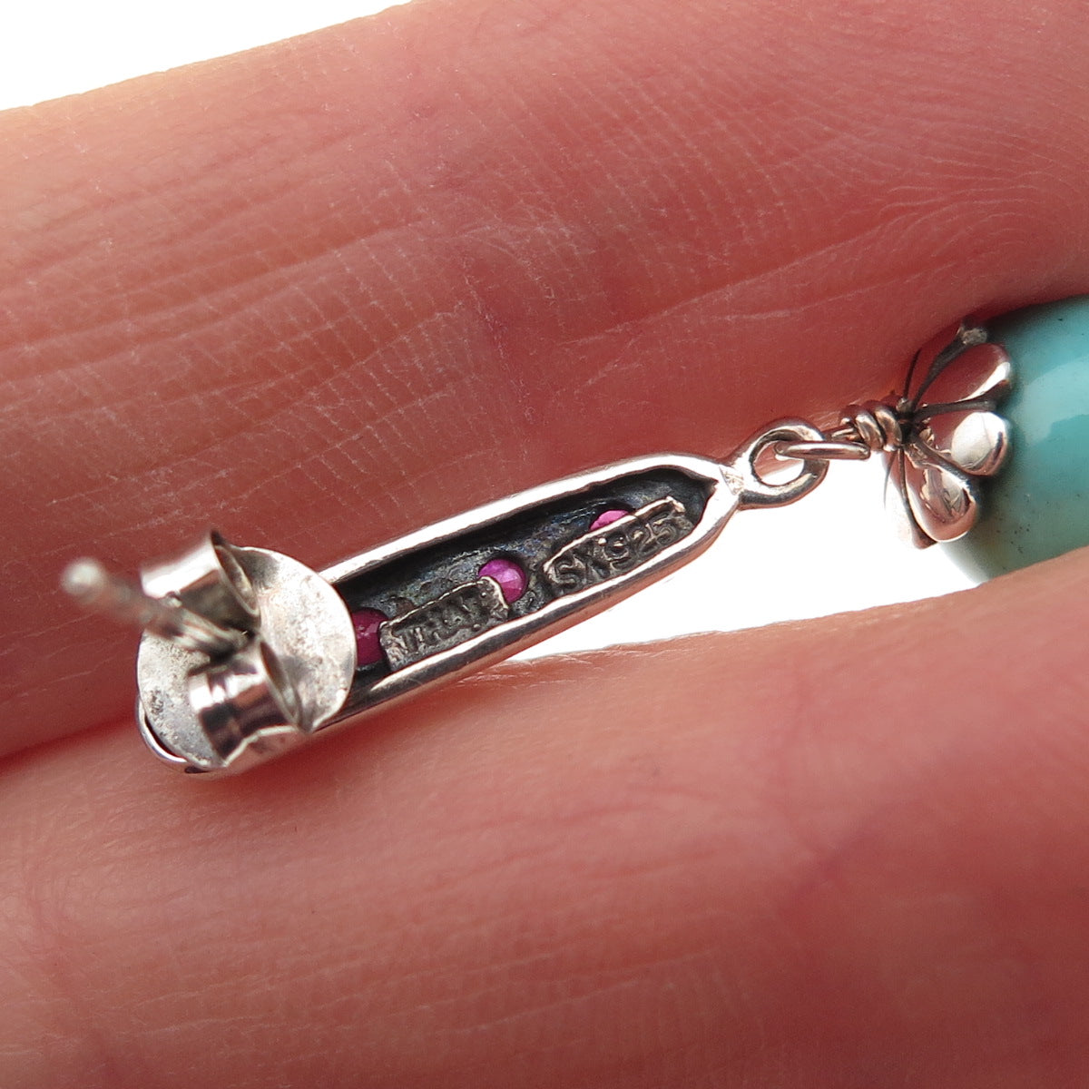 SX Sally C 925 Sterling Silver Vintage Real Ruby & Turquoise Dangle Earrings