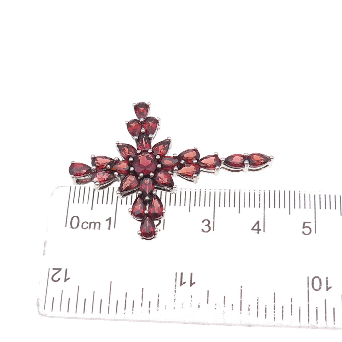 925 Sterling Silver Vintage Real Red Garnet Cross Cluster Slide Pendant
