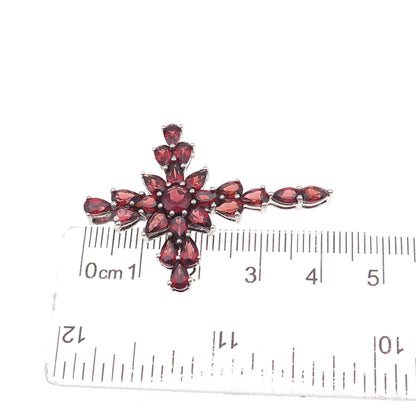 925 Sterling Silver Vintage Real Red Garnet Cross Cluster Slide Pendant