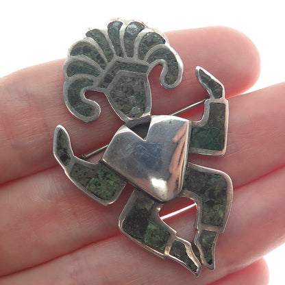 925 Sterling Silver Vintage Mexico Real Chrysocolla Inlay Aztec Warrior Brooch
