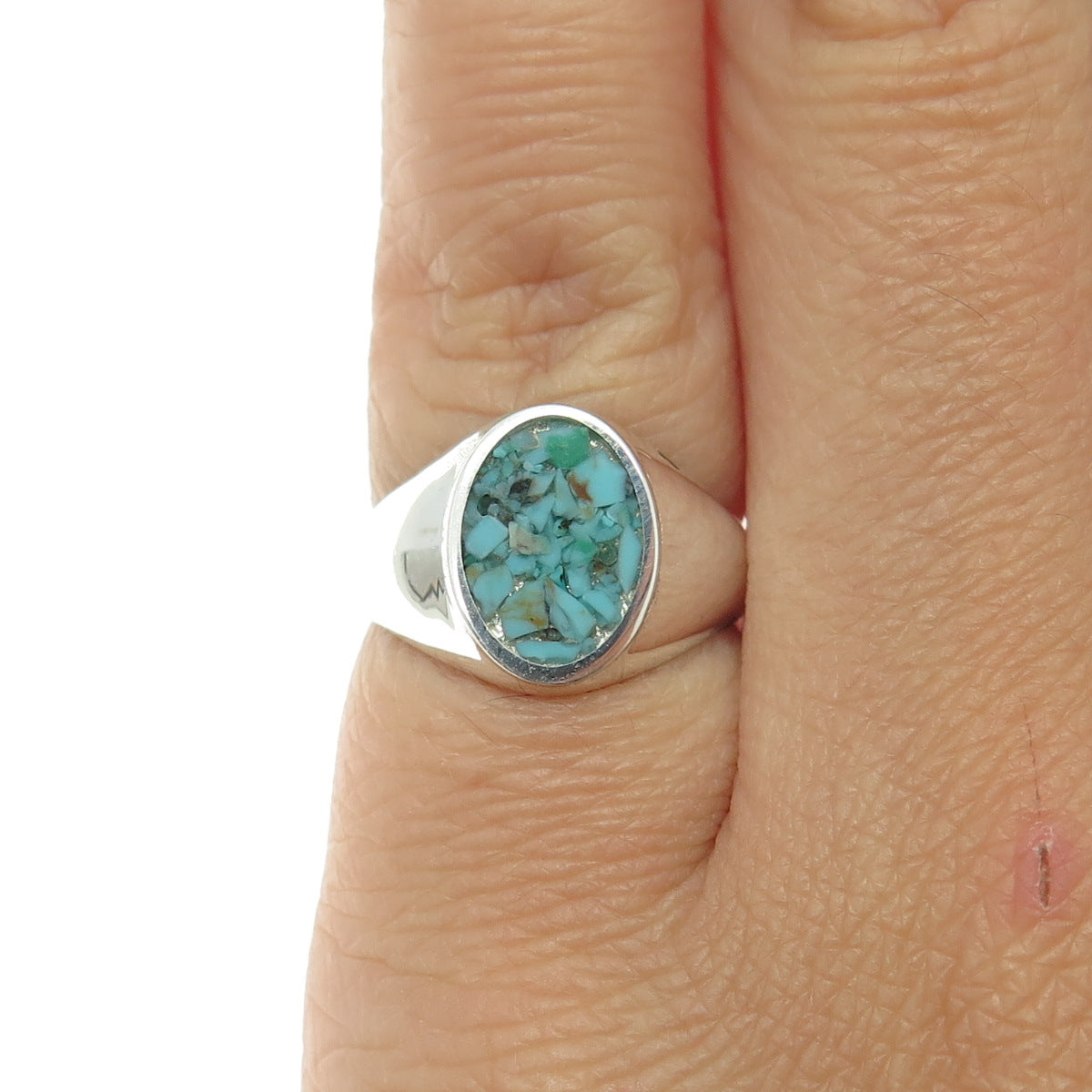 STULLER 925 Sterling Silver Vintage Real Turquoise Inlay Signet Ring Size 4