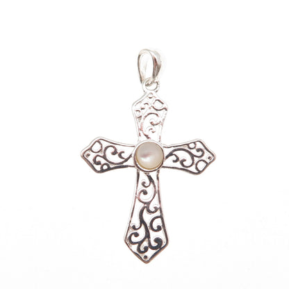 Charles Winston 925 Sterling Vintage Real MOP Floral Scroll Cross Charm Pendant